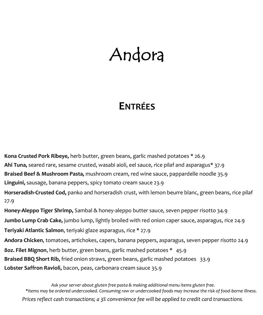 Andora dinner menu page 2 January 2025