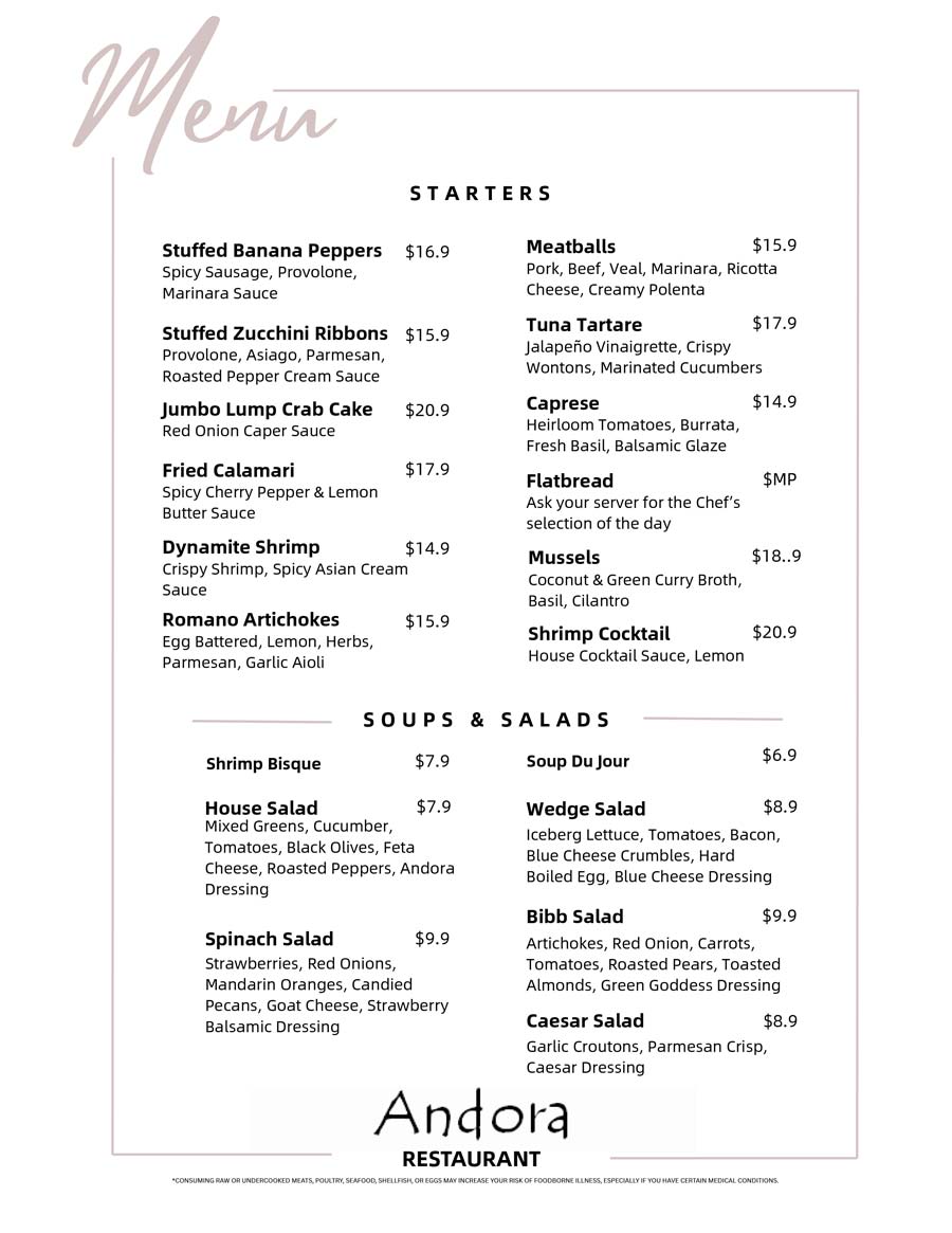 Andora dinner menu 1 april 2025