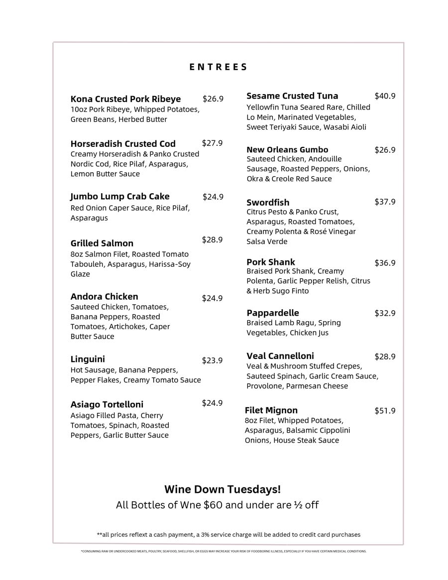 Andora dinner menu 2 april 2025