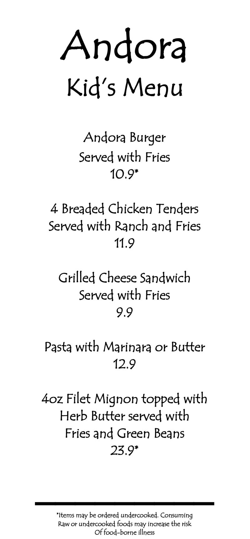 Andora kids menu april 2025