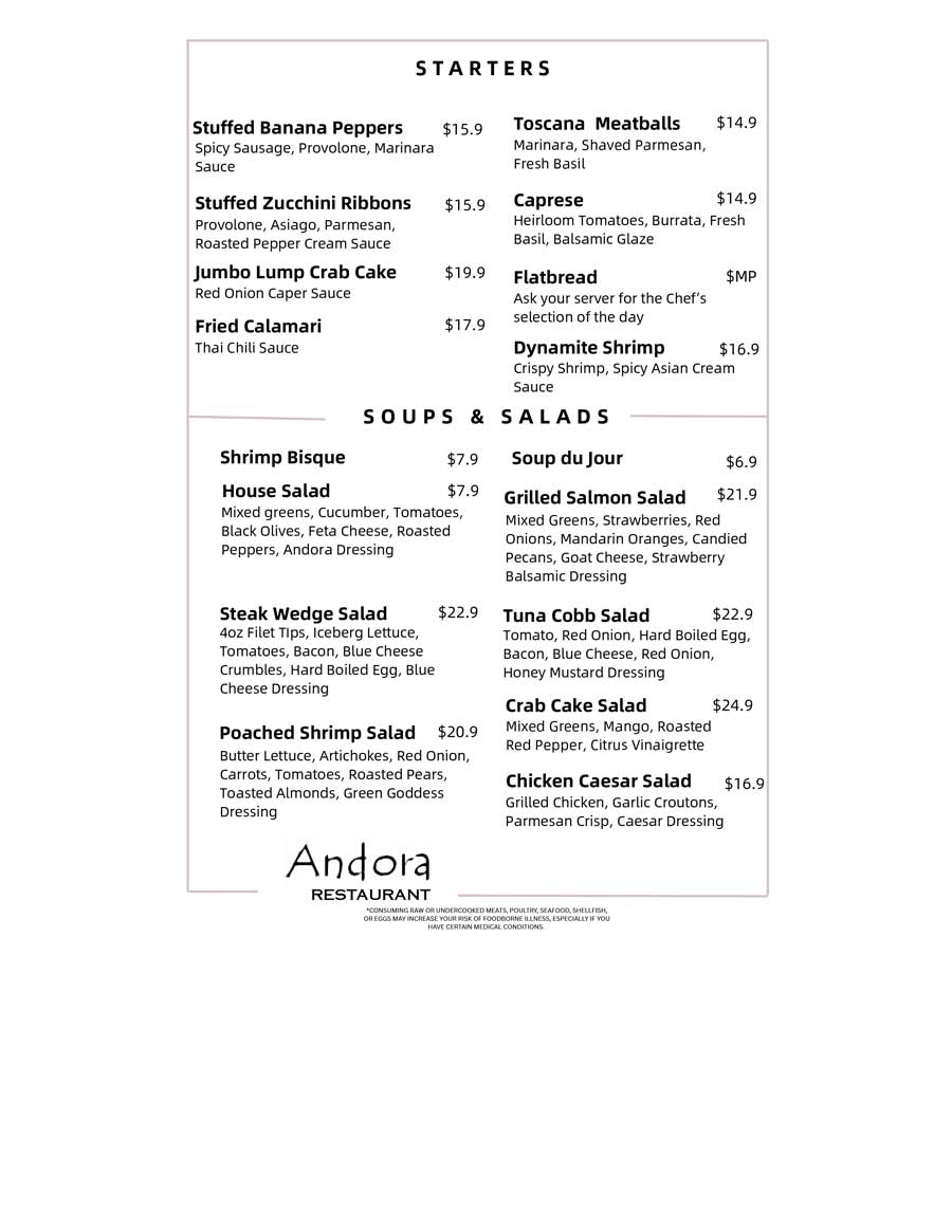 Andora Restaurant lunch menu may 9