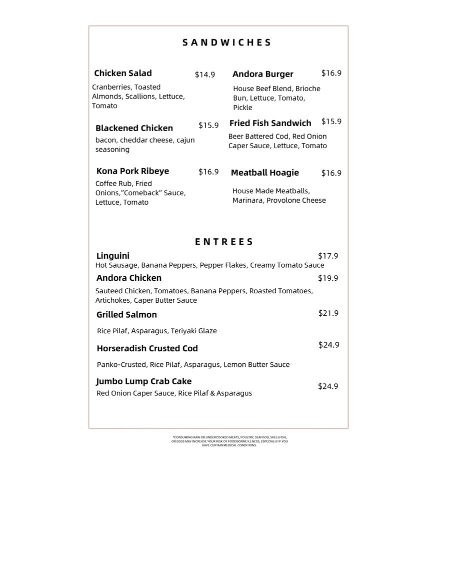 Andora Restaurant lunch menu may 9