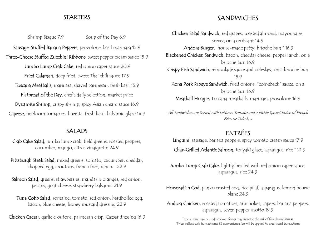 Andora lunch menu May 30 2025