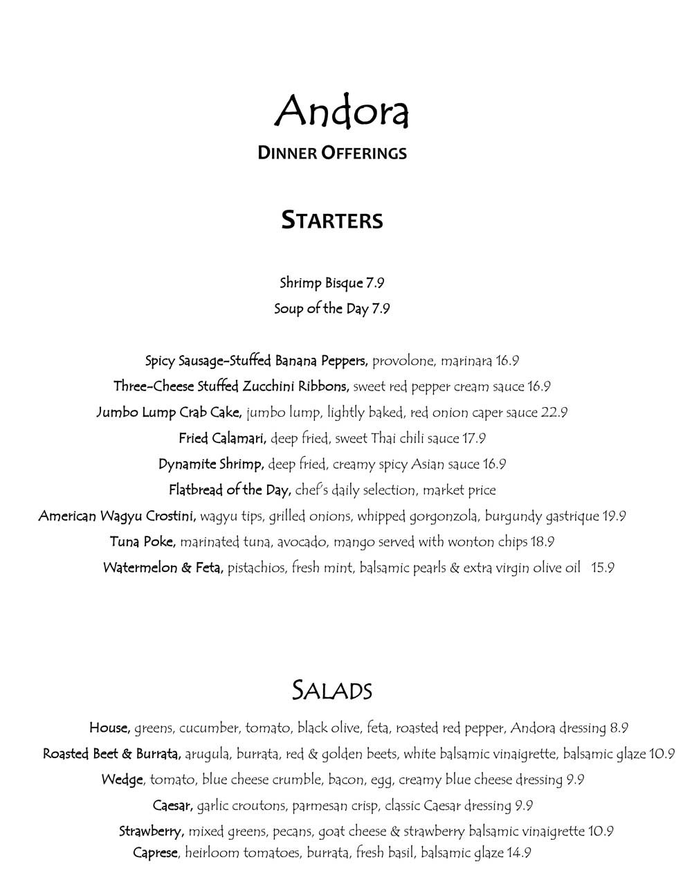 Andora restaurant menu featuring starters and salads with detailed descriptions and prices.