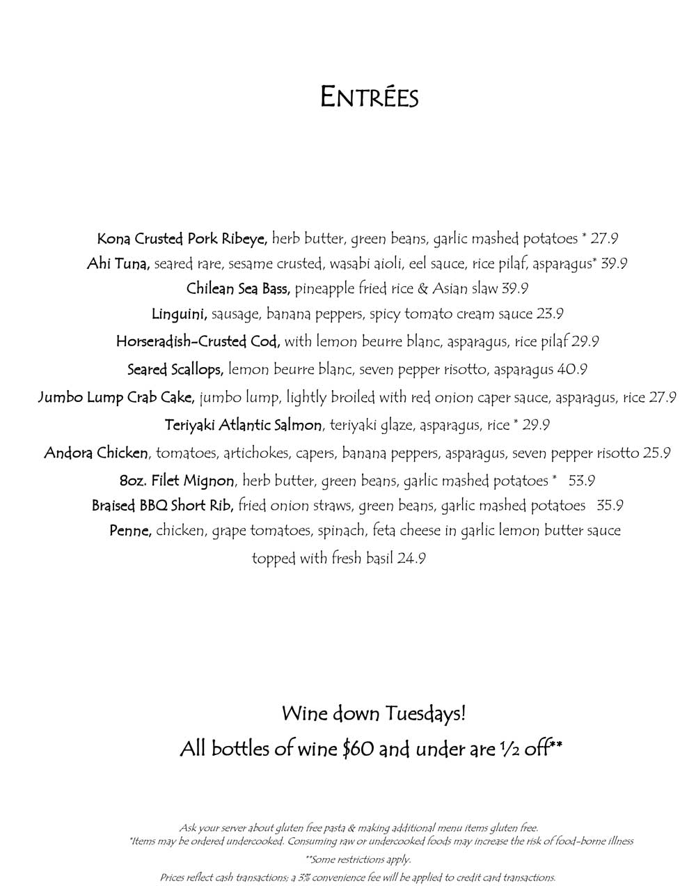 Andora restaurant menu featuring entrée selections of meat, seafood, and pasta with prices.