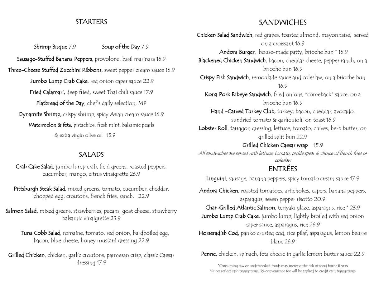 Andora restaurant menu featuring starters, salads, sandwiches, and entrées with prices and details.
