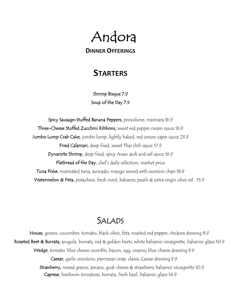Discover the Andora restaurant menu featuring starters, salads, detailed descriptions, and prices.