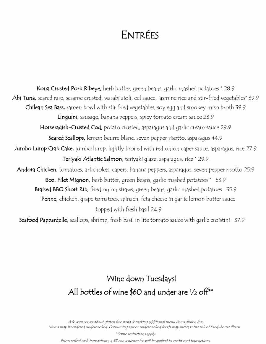 Entrées menu with various dishes—see the Andora Restaurant menu for details and wine specials.