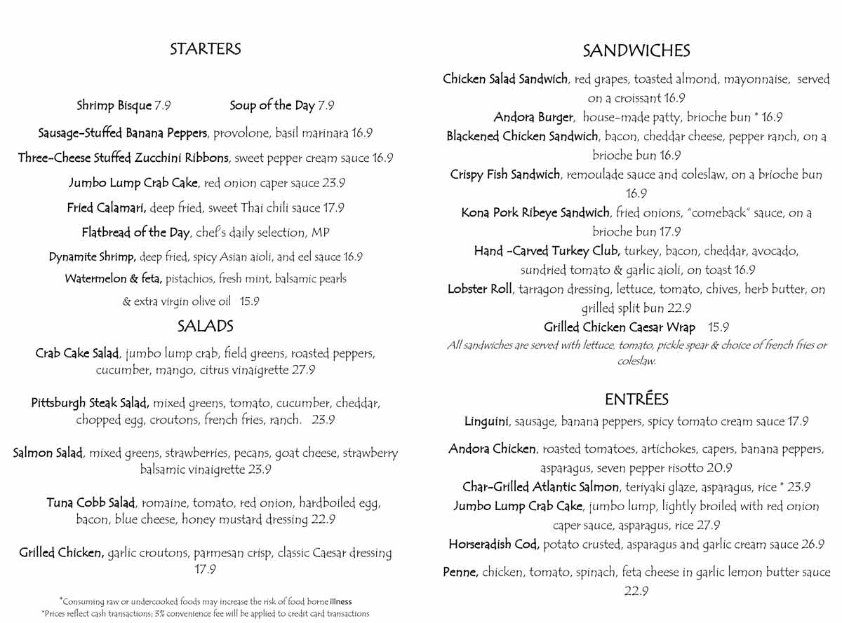 Andora restaurant menu with sections for starters, salads, sandwiches, and entrées.